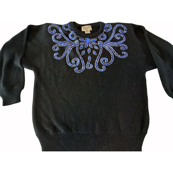 Vintage Cervelle Black Sweater Blue Sequins Beaded Size S Oversized Bedazzled - Picture 7 of 10